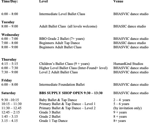 Brighton Ballet School Timetable 25.4.2022